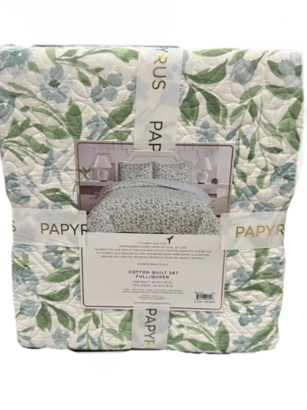 Papyrus Green, White and Blue Cotton Full/Queen Floral Quilt 90”x90”